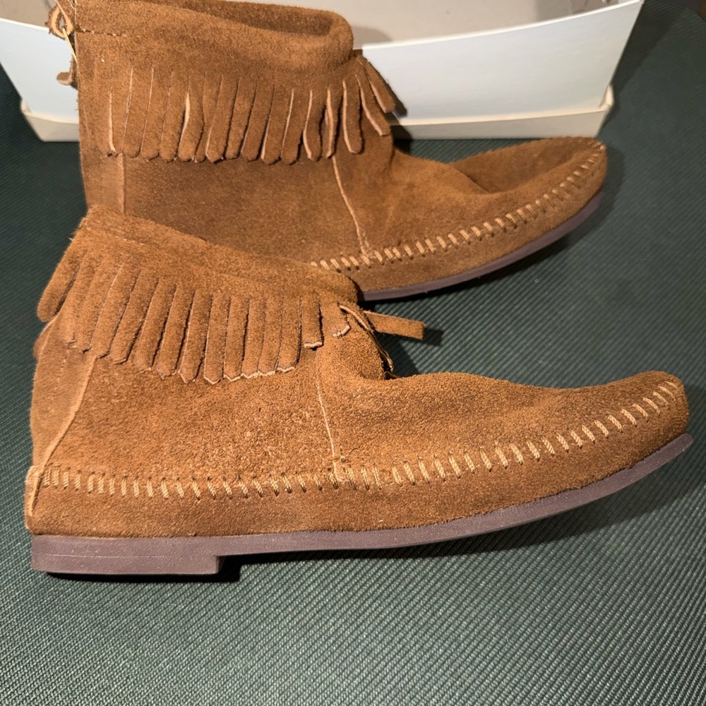 Dusty Brown Suede Fringe Moccasin Boots